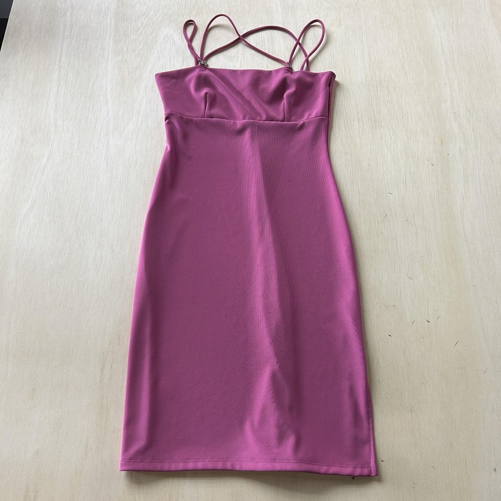 Y2K‎ DS Dress Womens Large Pink Bodycon Slip Square Neck Rhinestone Strap Mini